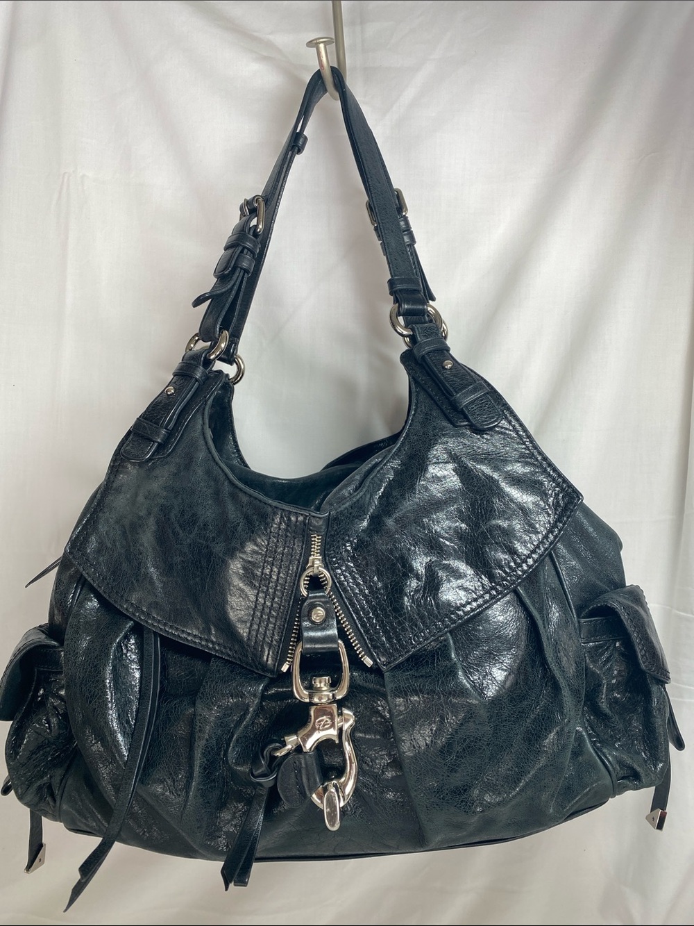 Francesco Biasia Black Leather Shoulder Bag with Silver Hardware